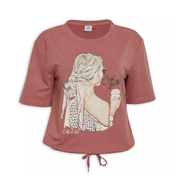 New OBR Denim, Pink Graphic Tee, Size 34 Women’s, With Waist Drawstring - Picture 3 of 7